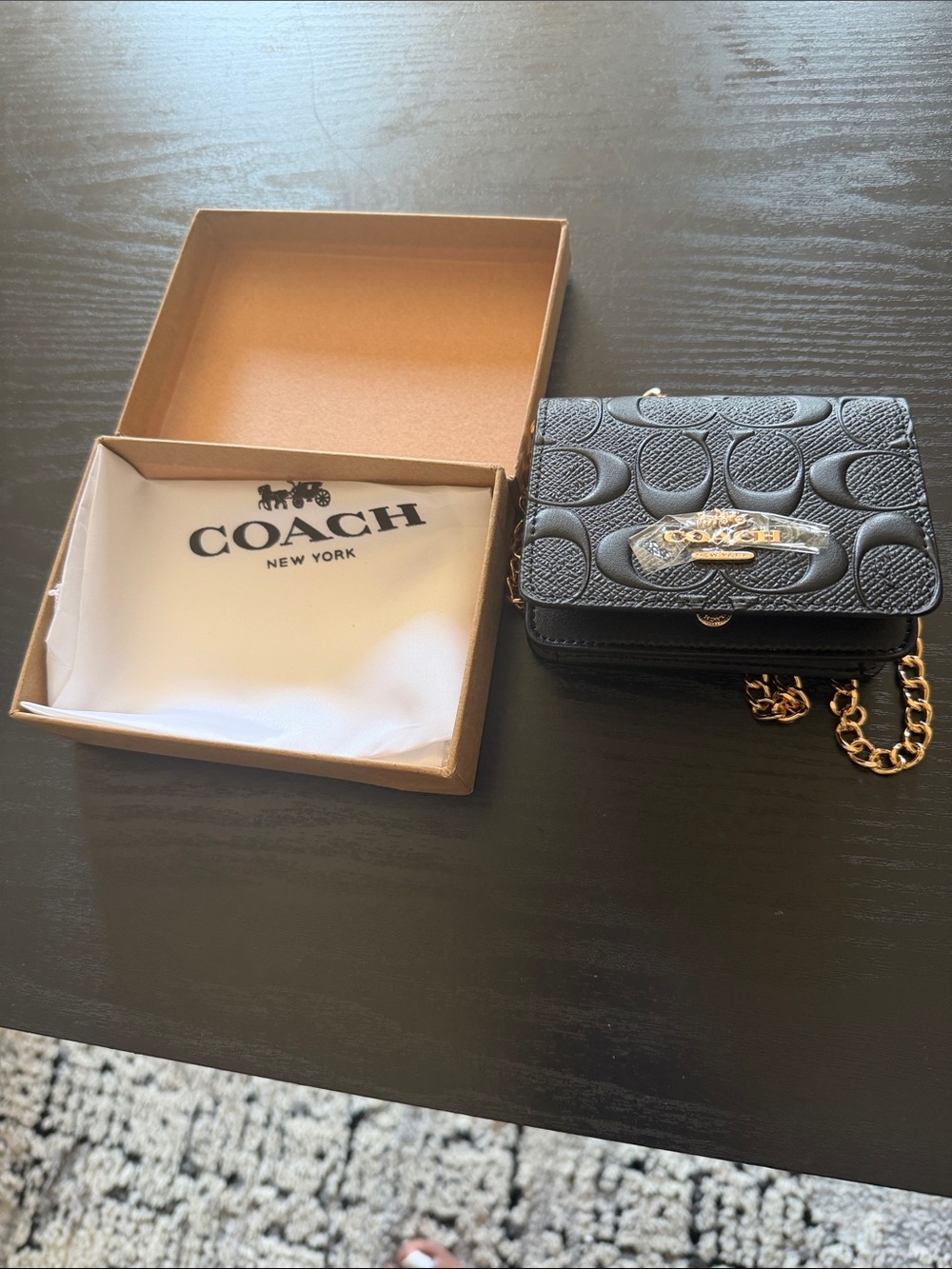 Coach Black Signature Leather Mini Crossbody with Gold Chain